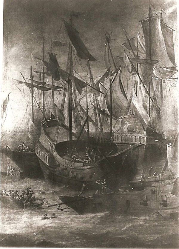 marina con vascelli ai quali si avvicinano barche di pirati (dipinto) - ambito i
